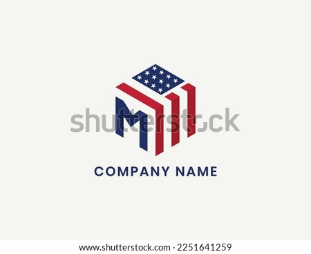 initial Letter M with American Flag in Shape of Hexagon Logo Concept icon sign symbol Element Design. Home, Real Estate, Realtor, Mortgage, House Logotype. Vector illustration template