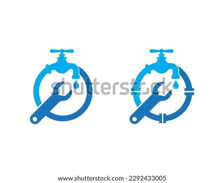 Water Faucet Wrench Plumbing Logo Concept symbol sign icon Design Element. Tap, Repair, Plumber, Plumbing Service Logotype. Vector illustration template
