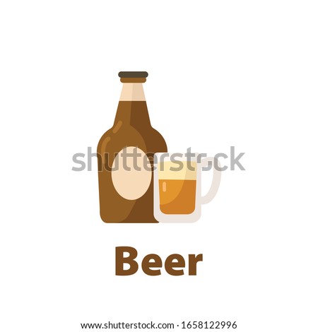 Bottle of beer with glass flat vector illustration