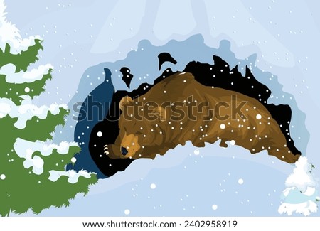 Bear sleeping inside den, Bear asleep in a burrow underground winter forest vector illustration