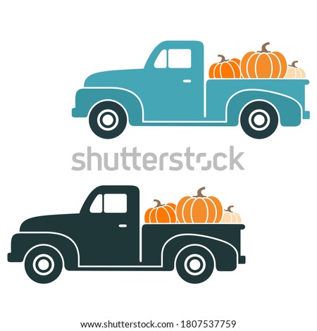 Fall Vintage Truck Set with Pumpkins Vector Illustration on White