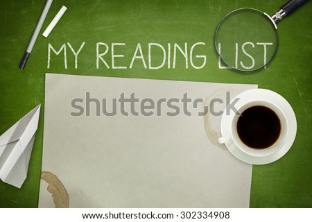 My reading list concept on green blackboard with empty paper sheet and coffee cup