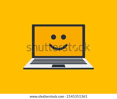 Yellow emoji smiling on laptop screen vector illustration. World smiling day 6th october. Isolated notebook on yellow background