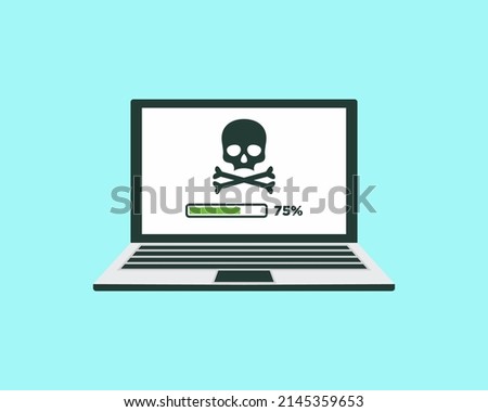 Piracy on the computer as online crriminality and robbery. Copyright infringement and illegal downloading on the internet. Vector illustration of lapton with pirate on the screen