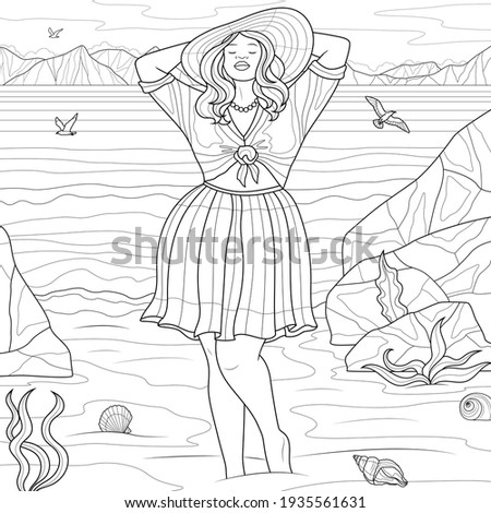 
Fat girl on the beach.Coloring book antistress for children and adults. Illustration isolated on white background.Zen-tangle style. Hand draw