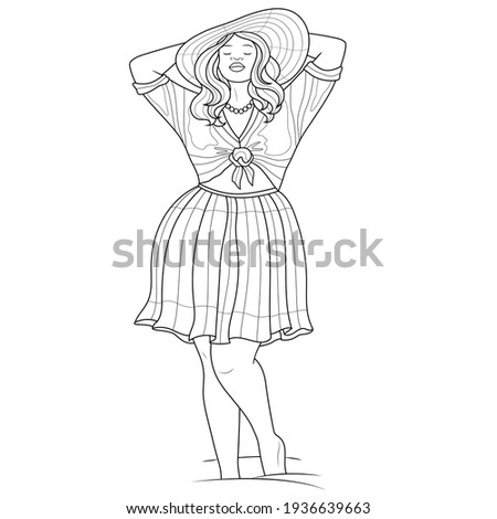 
Chubby girl in a hat.Coloring book antistress for children and adults. Illustration isolated on white background.Zen-tangle style. Hand draw