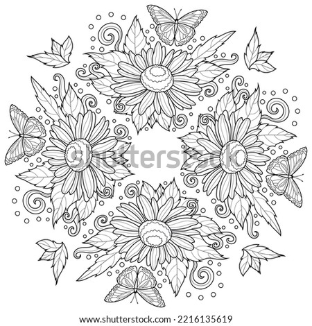 Daisies and butterflies.
Symmetrical pattern.Coloring book antistress for children and adults. Illustration isolated on white background.Zen-tangle style. Hand draw