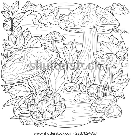 Mushrooms and nature.Coloring book antistress for children and adults. Illustration isolated on white background.Zen-tangle style. Hand draw