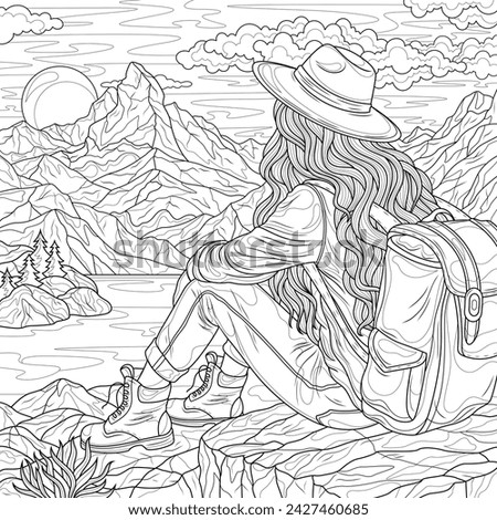 A girl tourist with a backpack sits on a stone and looks at the mountains.Coloring book antistress for children and adults. Illustration isolated on white background.Zen-tangle style. Hand draw