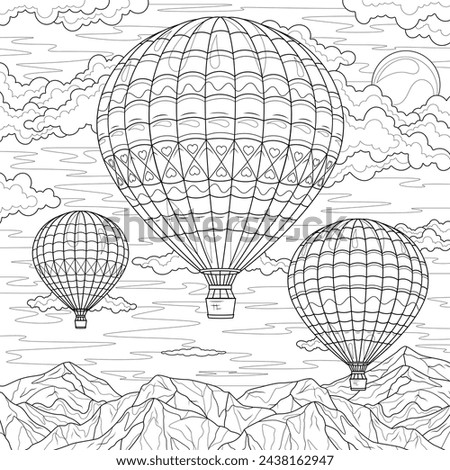 Hot air balloons.Coloring book antistress for children and adults. Illustration isolated on white background. Hand draw