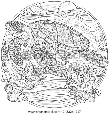 Turtle in the sea.Coloring book antistress for children and adults. Illustration isolated on white background. Hand draw