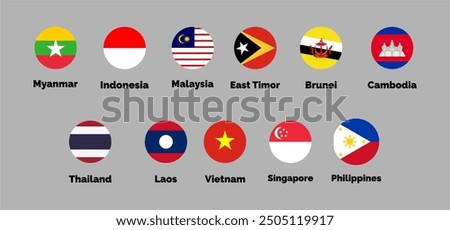 Flags of Southeast Asian countries, Vector Illustration. Myanmar, Indonesia, Malaysia, East Timor, Brunei, Cambodia, Thailand, Laos, Vietnam, Singapore, Philippines