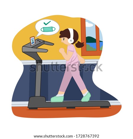A quarantined woman is listening to the news while exercising on a treadmill.
