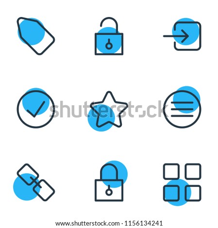 Vector illustration of 9 app icons line style. Editable set of enter, check, thumbnails and other icon elements.