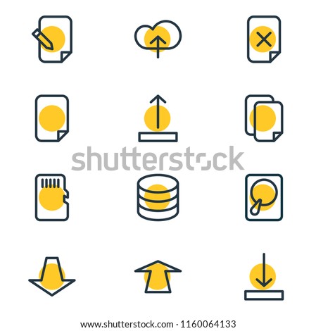 Vector illustration of 12 memory icons line style. Editable set of copy, database, arrow down and other icon elements.