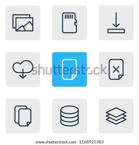 Vector illustration of 9 storage icons line style. Editable set of database, arrow down, document and other icon elements.