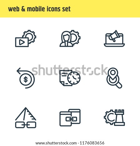 Vector illustration of 9 marketing icons line style. Editable set of online branding, longtime contract, local search icon elements.
