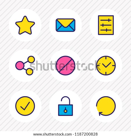 Vector illustration of 9 app icons colored line. Editable set of setting, check, ban and other icon elements.