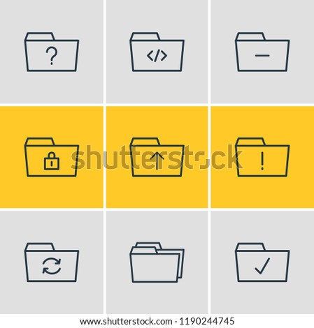 Vector illustration of 9 document icons line style. Editable set of checked, upload, refresh and other icon elements.