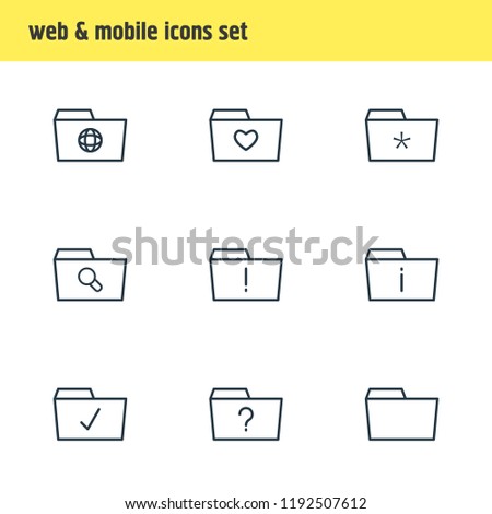 Vector illustration of 9 folder icons line style. Editable set of info, favorite, search and other icon elements.