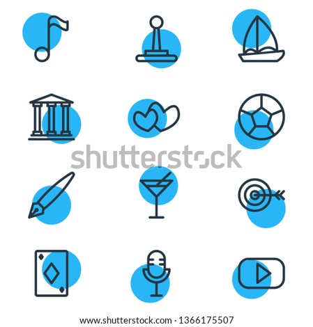 Vector illustration of 12 entertainment icons line style. Editable set of heart, microphone, target and other icon elements.