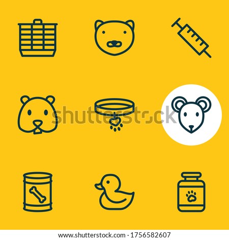 Vector illustration of 9 pet icons line style. Editable set of dog food in can, mouse, hamster cage and other icon elements.