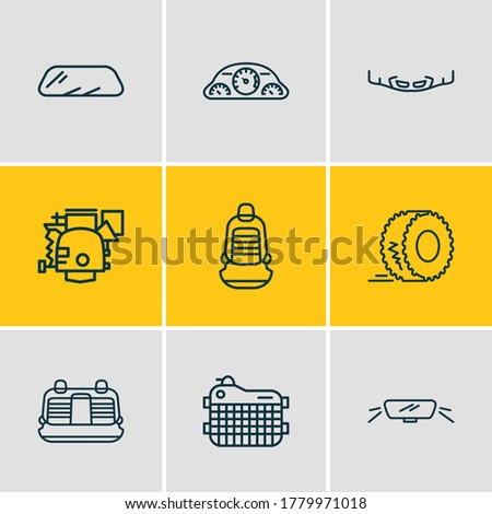 Vector illustration of 9 auto part icons line style. Editable set of window, header panel, radiator and other icon elements.