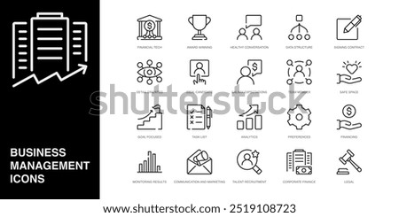 Set of Vector Line Icons for Award Winning, Healthy Conversation, Data Structure and more. Collection of 20 Business Management App Outline Icons.