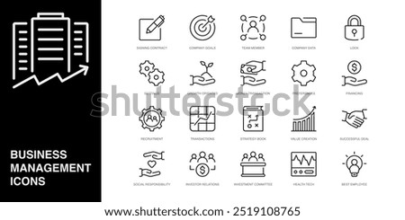 Set of Vector Line Icons for Best Employee, Signing Contract, Company Goals and more. Collection of 20  Business Management App Outline Icons.