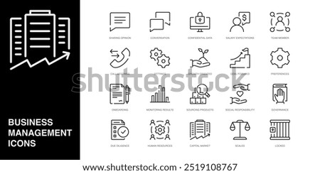 Set of Vector Line Icons for Scales, Locked, Sharing Opinion and more. Collection of 20 Business Management App Outline Icons.