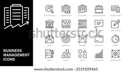 Set of Vector Line Icons for Locked, Sharing Opinion, Signing Contract and more. Collection of 20 Business Management App Outline Icons.