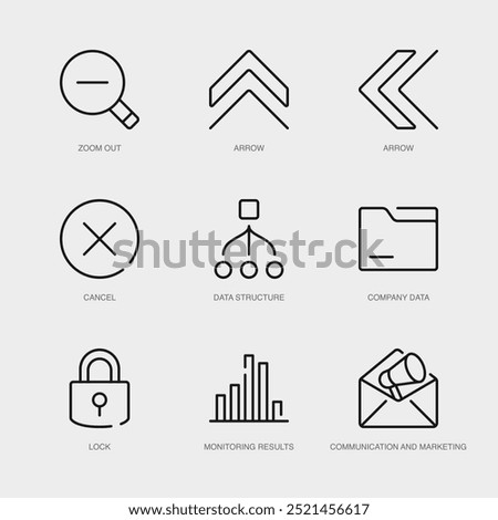 Set of Vector Line Icons for Zoom Out, Arrow, Arrow and more. Collection of 9 Business Management App Outline Icons.