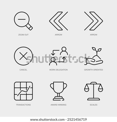 Set of Vector Line Icons for Award Winning, Scales, Zoom Out and more. Collection of 9 Business Management App Outline Icons.