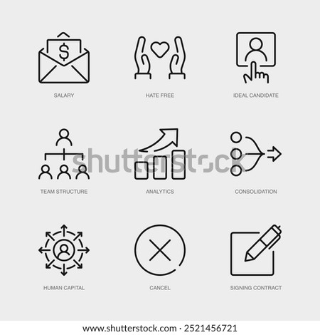 Set of Vector Line Icons for Cancel, Signing Contract, Salary and more. Collection of 9 Business Management App Outline Icons.