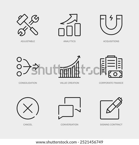 Set of Vector Line Icons for Cancel, Conversation, Signing Contract and more. Collection of 9 Business Management App Outline Icons