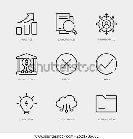 Set of Vector Line Icons for Cancel, Check, Good Idea and more. Collection of 9 Business Management App Outline Icons.