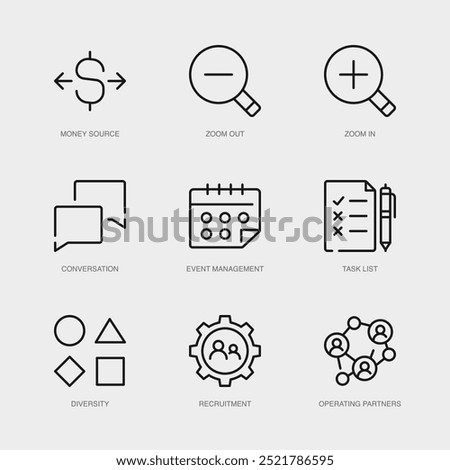 Set of Vector Line Icons for Money Source, Zoom Out, Zoom In and more. Collection of 9 Business Management App Outline Icons.