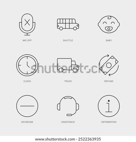 Set of Vector Line Icons for Information, Mic Off, Shuttle and more. Editable collection of 9 Airline Outline Icons.