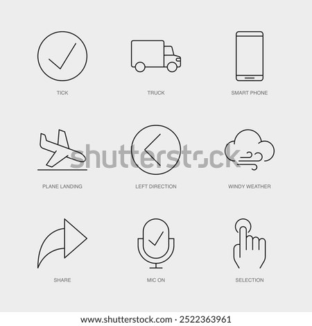 Set of Vector Line Icons for Share, Mic On, Selection and more. Editable collection of 9 Airline Outline Icons.