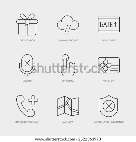 Set of Vector Line Icons for Flight Gate, Mic Off, Selection and more. Editable collection of 9 Airline Outline Icons.