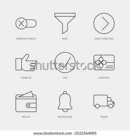 Set of Vector Line Icons for Thumb Up, Tick, Voucher and more. Editable collection of 9 Airline Outline Icons.