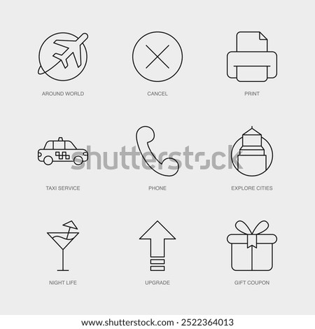 Set of Vector Line Icons for Around World, Cancel, Print and more. Editable collection of 9 Airline Outline Icons.