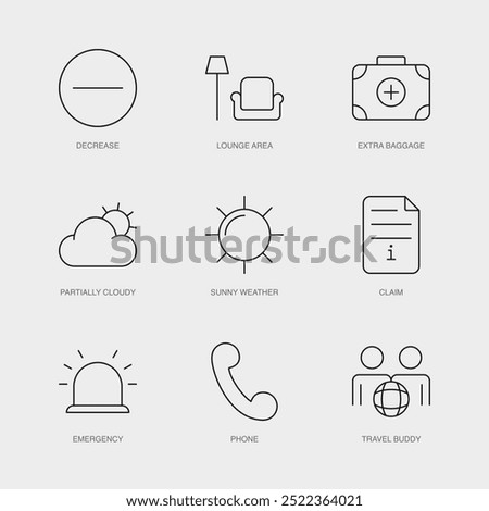 Set of Vector Line Icons for Claim, Emergency, Phone and more. Editable collection of 9 Airline Outline Icons.