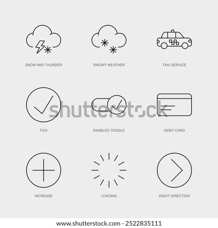 Set of Vector Line Icons for Taxi Service, Tick, Enabled Toggle and more. Editable collection of 9 Airline Outline Icons.