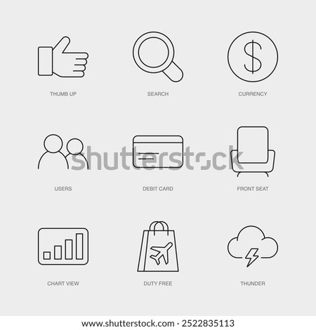 Set of Vector Line Icons for Around World, Cancel, Volunteer and more. Editable collection of 9 Airline Outline Icons.