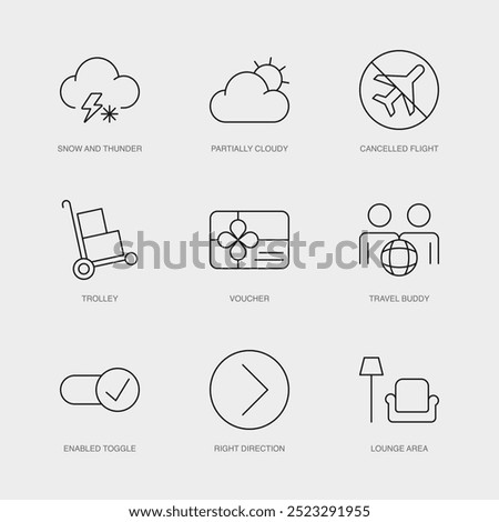 Set of Vector Line Icons for Cancelled Flight, Trolley, Voucher and more. Editable collection of 9 Airline Outline Icons.