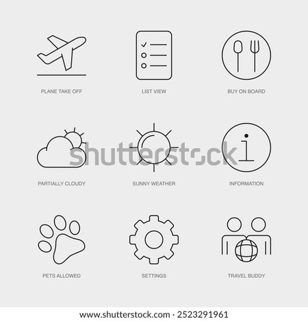 Set of Vector Line Icons for Information, Pets Allowed, Settings and more. Editable collection of 9 Airline Outline Icons.