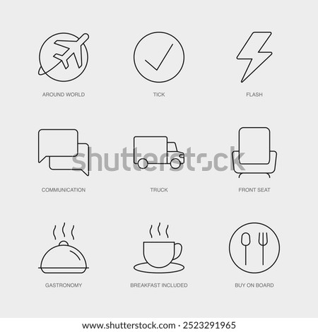 Set of Vector Line Icons for Around World, Tick, Flash and more. Editable collection of 9 Airline Outline Icons.