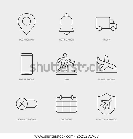 Set of Vector Line Icons for Notification, Truck, Smart Phone and more. Editable collection of 9 Airline Outline Icons.