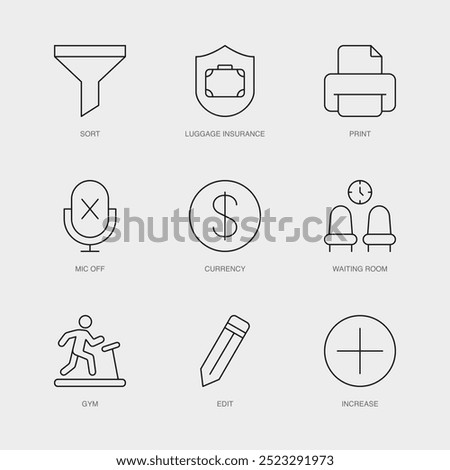 Set of Vector Line Icons for Print, Mic Off, Currency and more. Editable collection of 9 Airline Outline Icons.